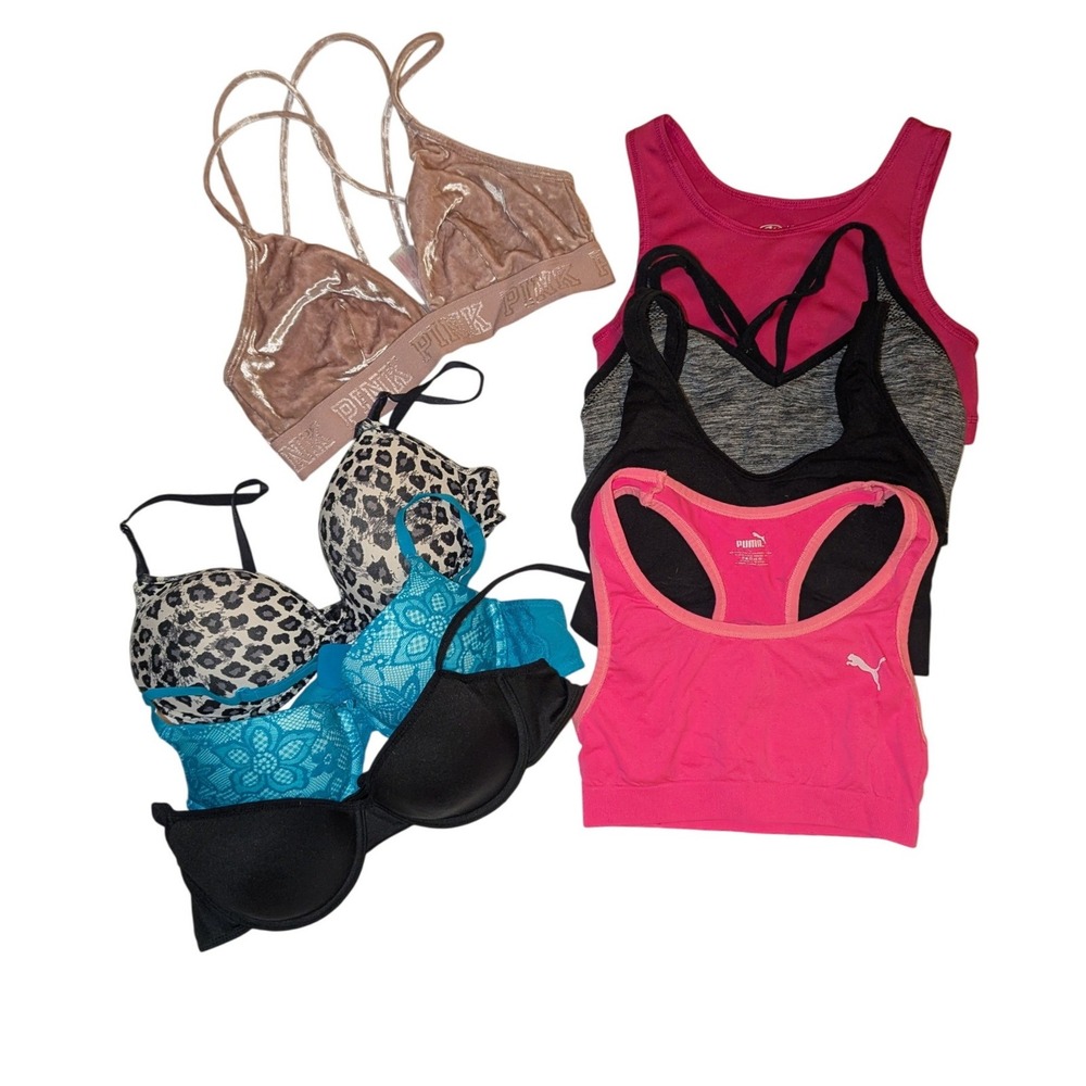 Assorted Bras Bundle Victoria Secret Pink Puma Sports Bra Blue Leopard 36B 36A